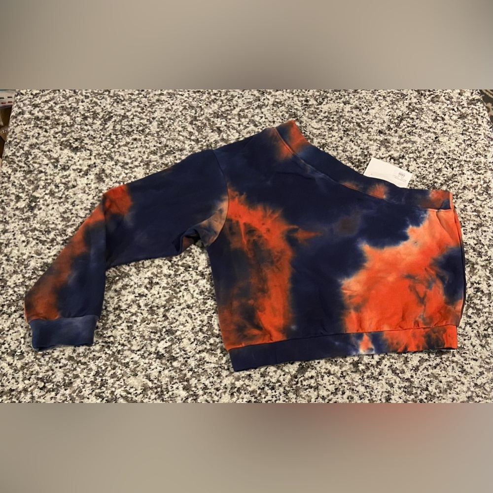 New with tags, one shoulder, cropped sweatshirt, orange, and navy tie-dye, M